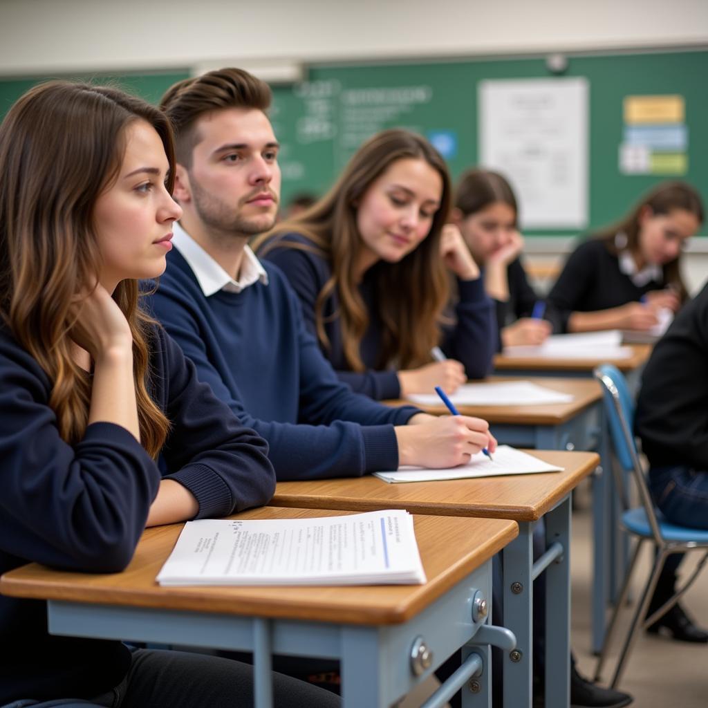 Vietnamese students focused on their exam papers during the 2021 High School Graduation Exam - English section.