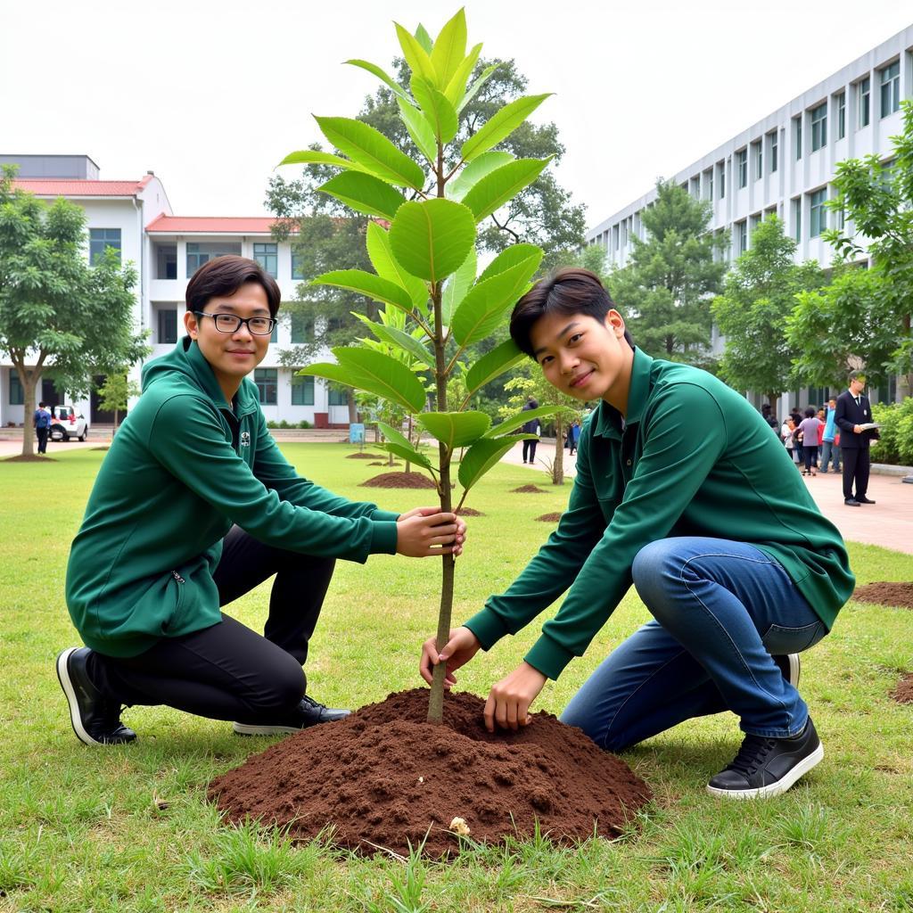 Học sinh THPT Gia Định cùng nhân viên Công ty Môi trường Việt Nam Xanh trồng cây trong khuôn viên trường.