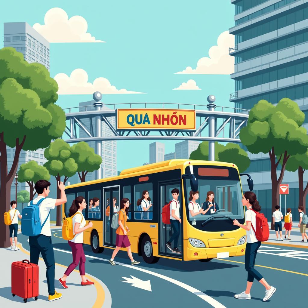 Hình ảnh sinh viên di chuyển bằng xe bus đến trường Đại học Quy Nhơn