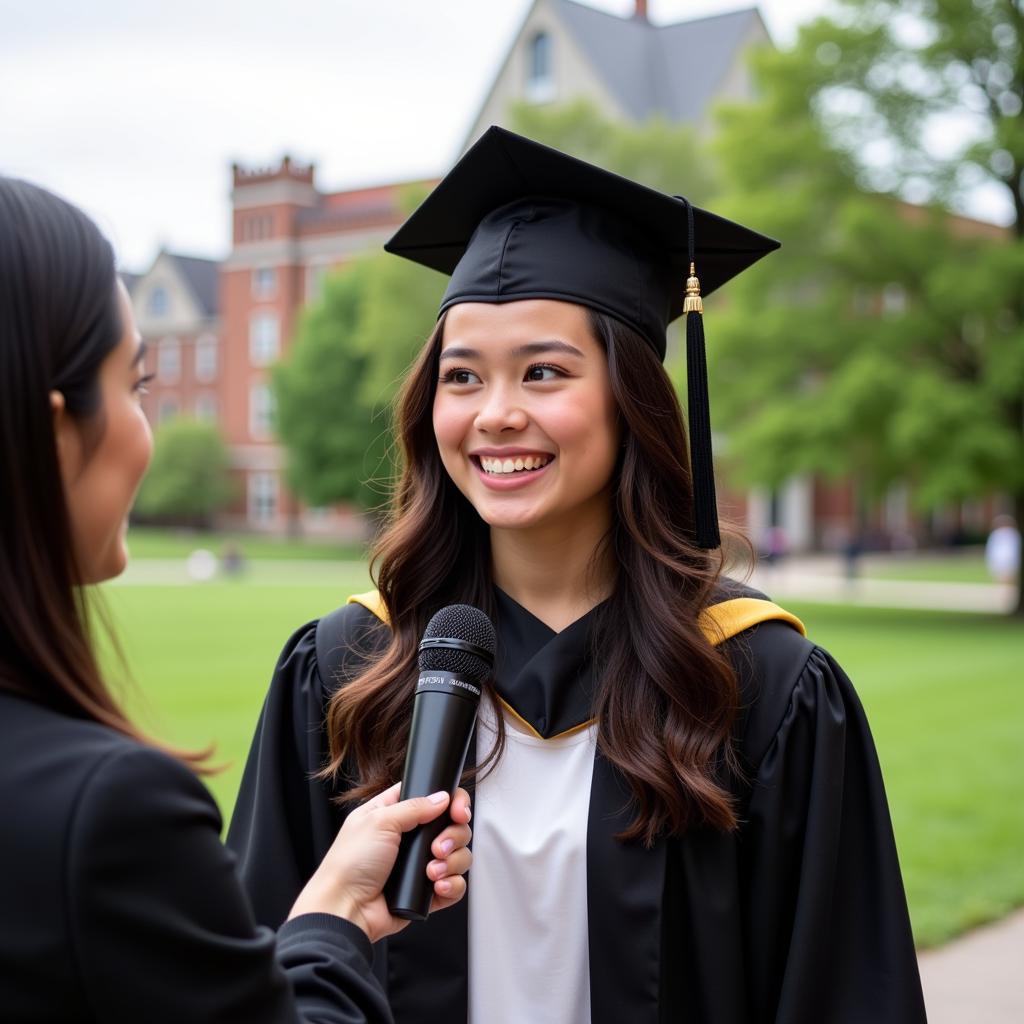 A successful graduate from the university is being interviewed