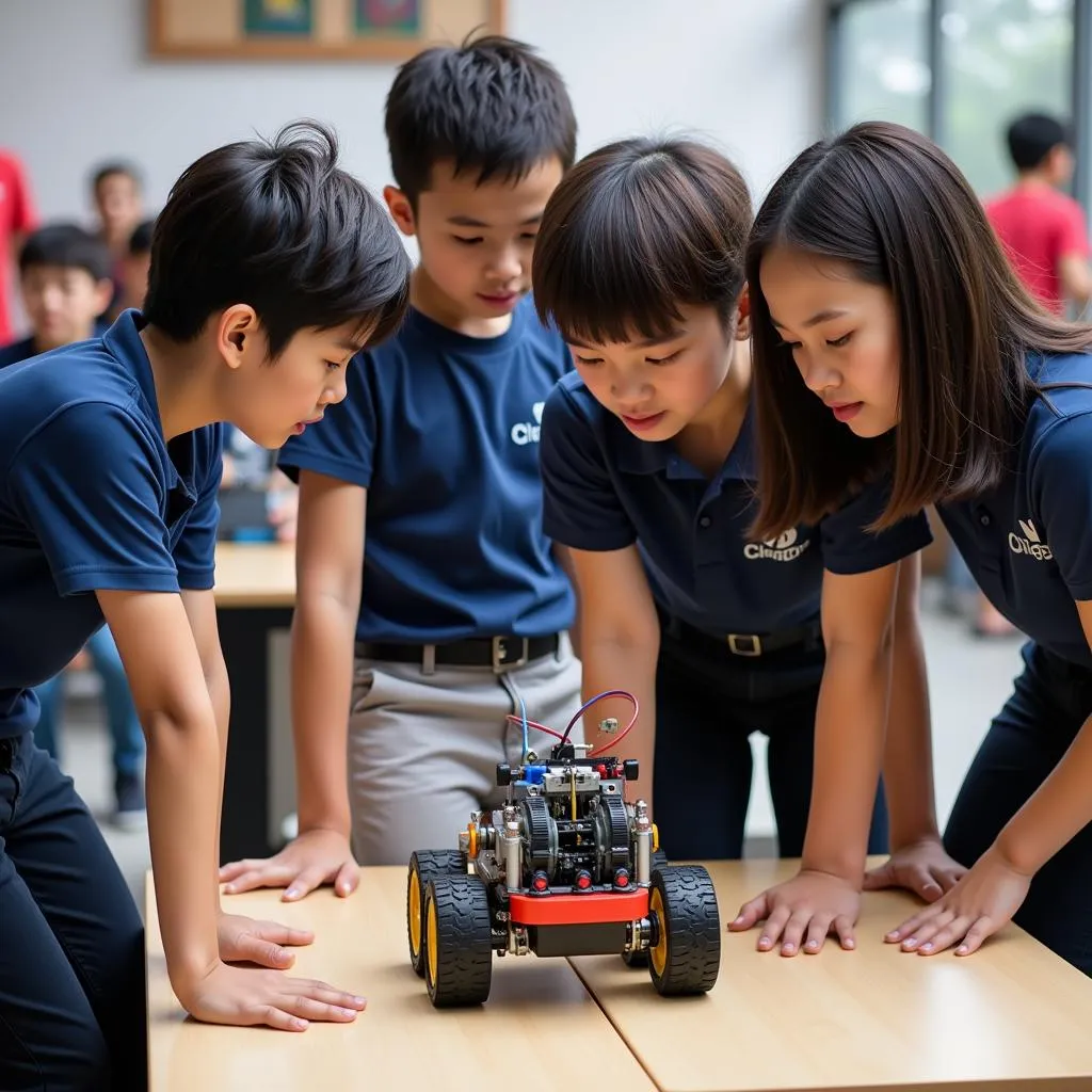 Đội ngũ học sinh THPT Lê Lợi Hà Đông đang tham gia cuộc thi Robocon với sự tập trung cao độ