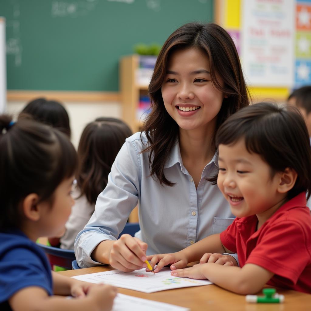 Teacher interacting with children at Gia Quat Kindergarten