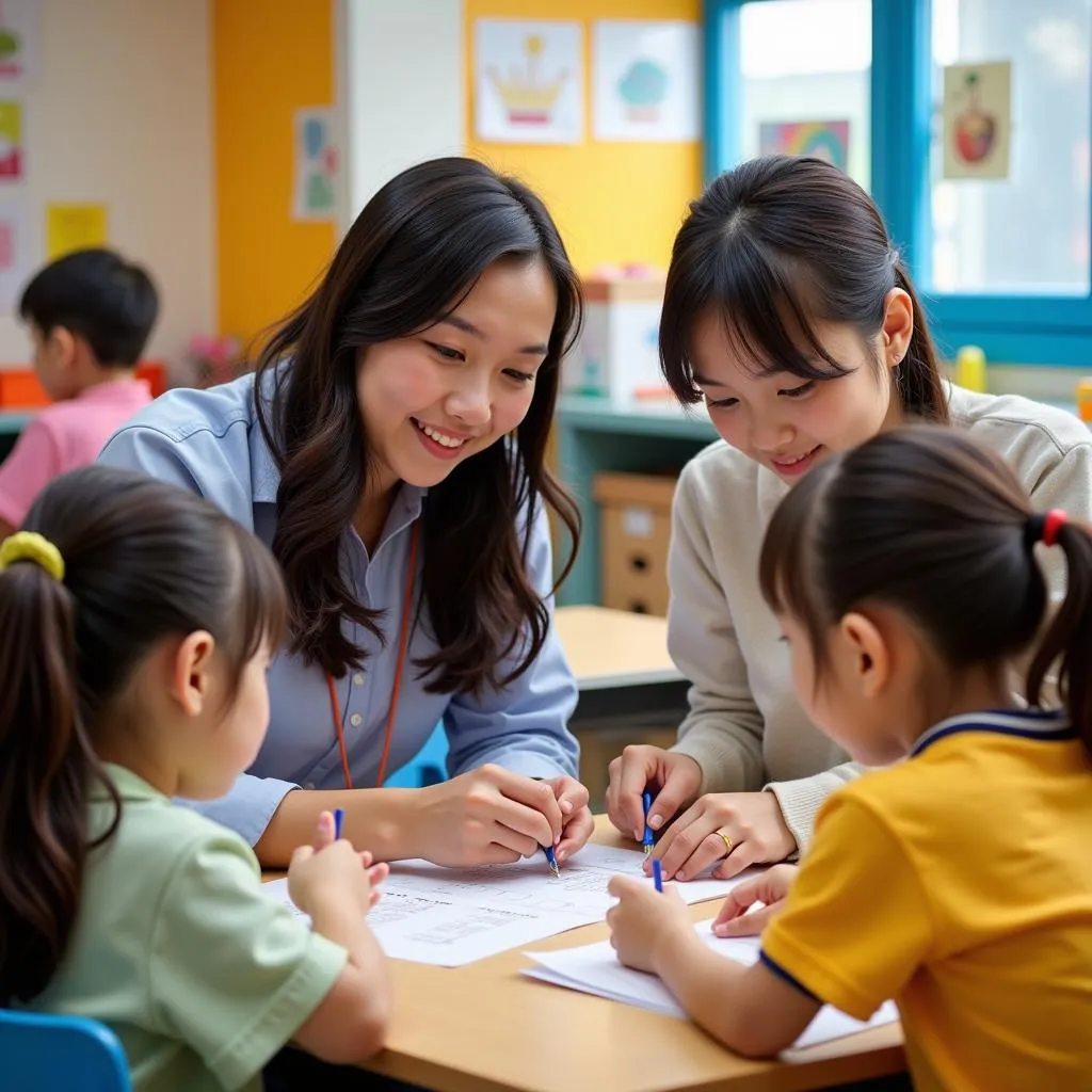 Teachers guiding children's learning at Thien An Kindergarten