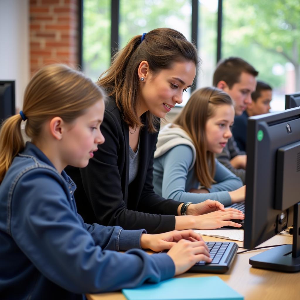 Teacher guiding students on computer use