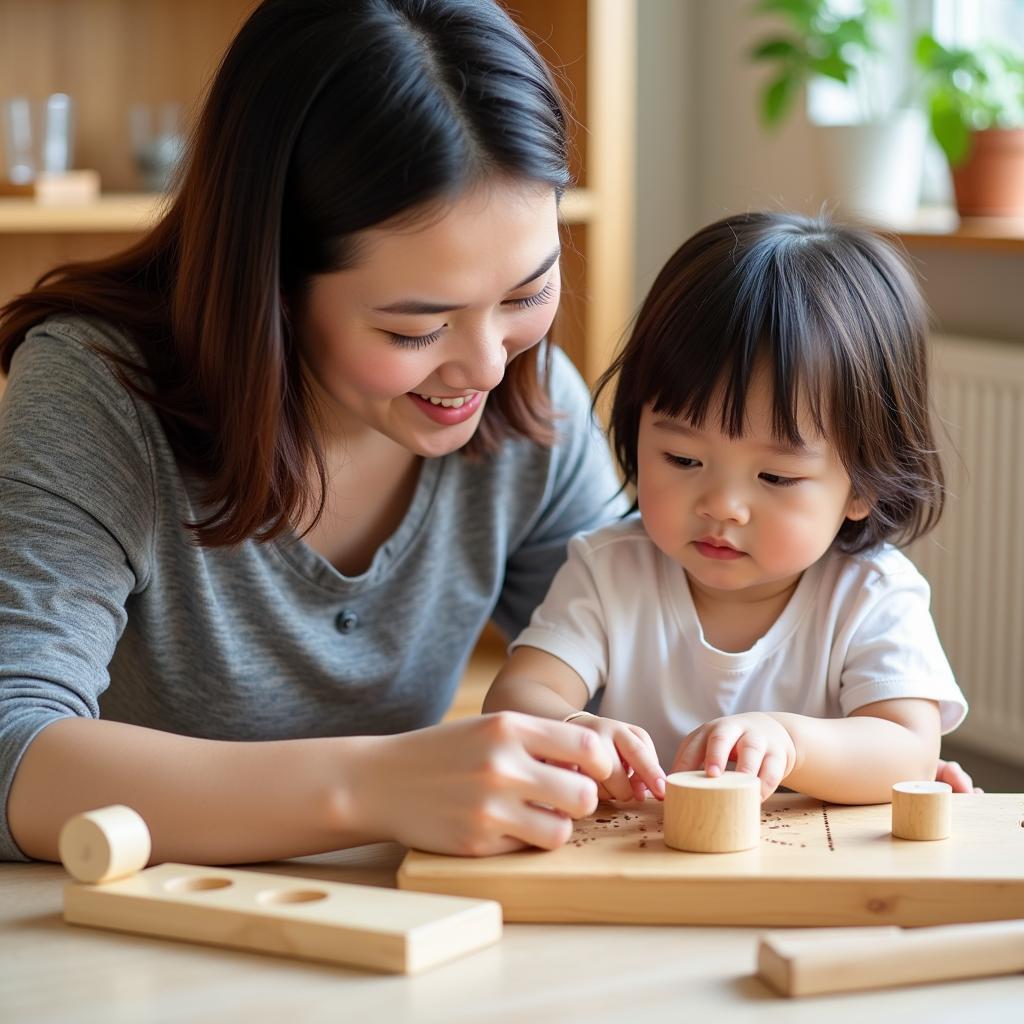 Giáo viên dạy trẻ sử dụng giáo cụ Montessori