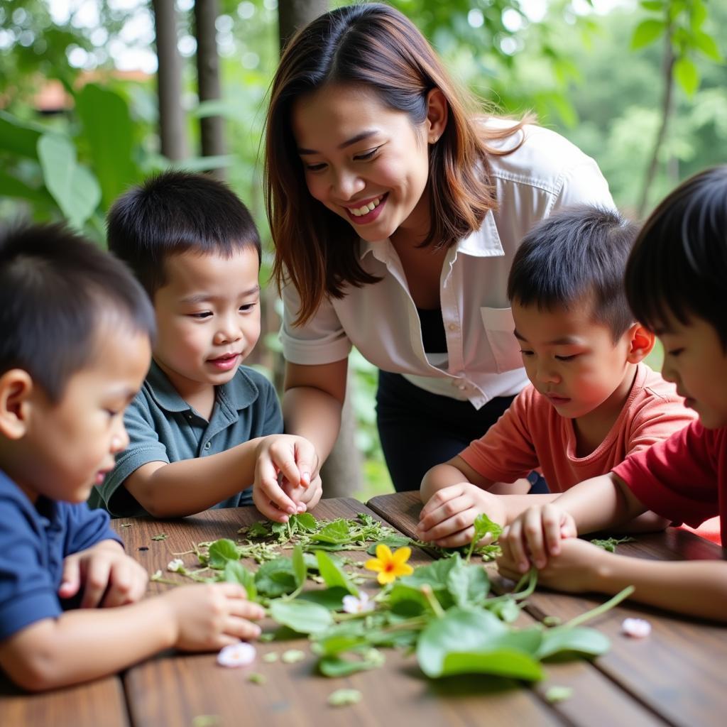 Giáo viên Khiết Tâm hướng dẫn trẻ tìm hiểu thế giới thực vật