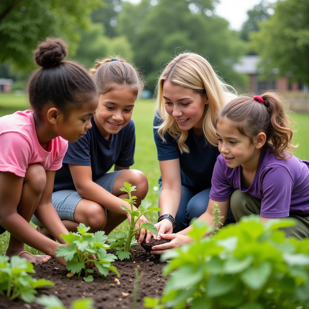 Teacher and students taking care of the vegetable garden