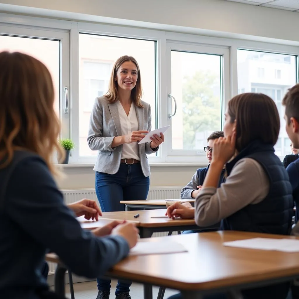 Giáo viên và học sinh đang trao đổi trong lớp học