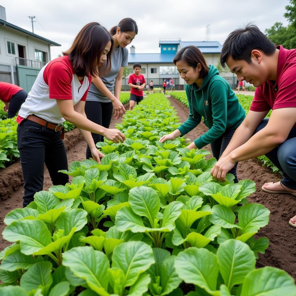 Giáo viên và học sinh Gia Định chăm sóc vườn rau sạch