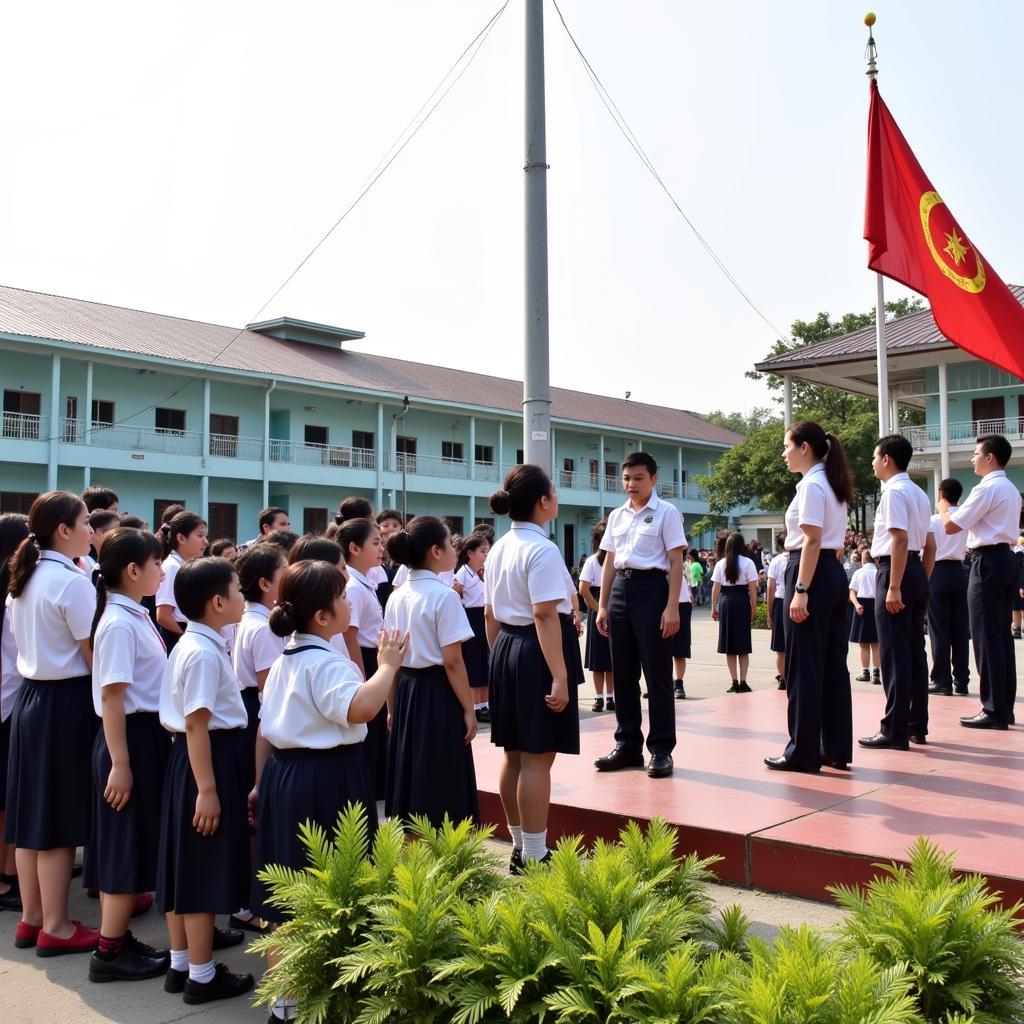 Giáo viên và học sinh THPT Gia Định trong buổi lễ chào cờ