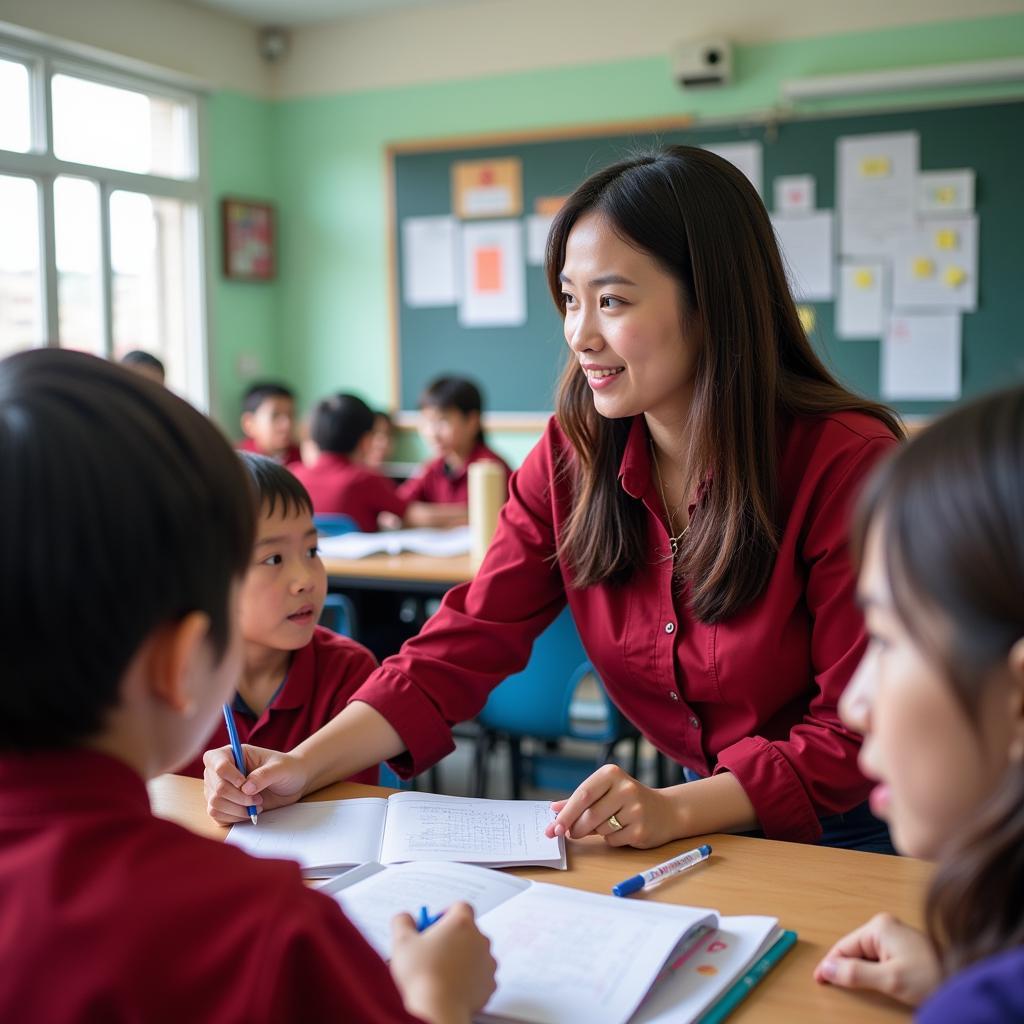 Giáo viên và học sinh THPT Lê Trung Kiên đang trao đổi bài tập