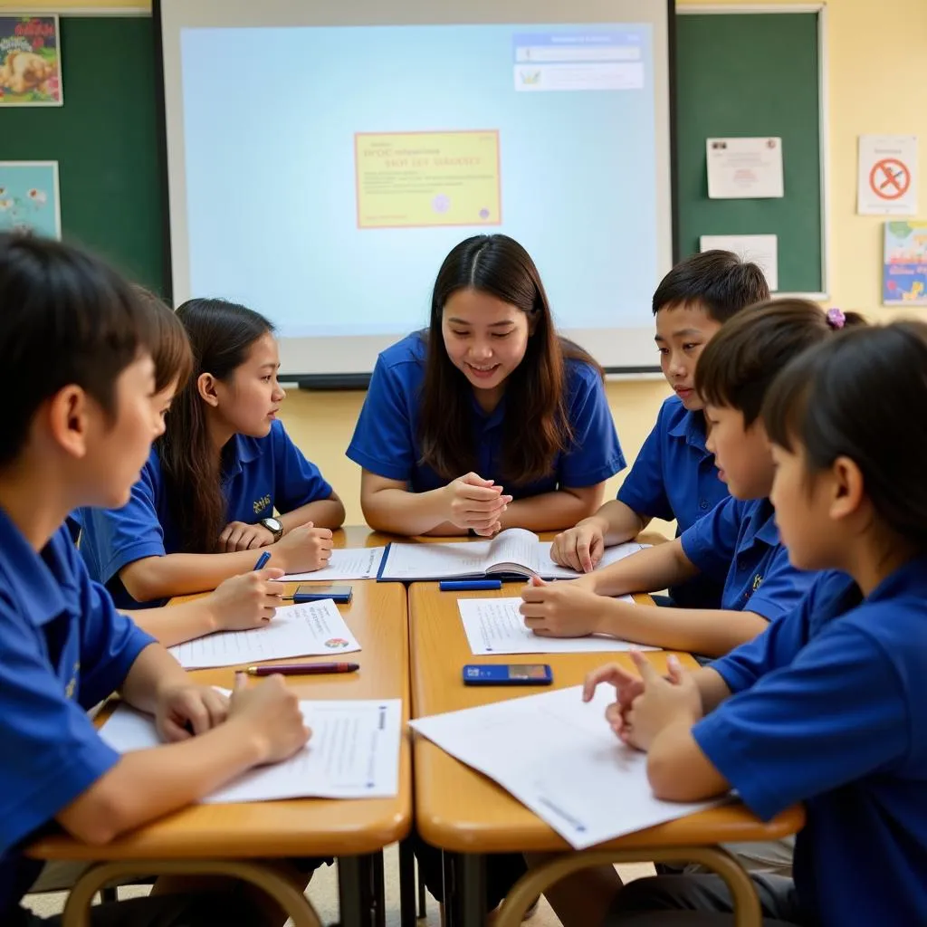 Teachers and students interacting in THPT Viet Uc Ha Noi classroom