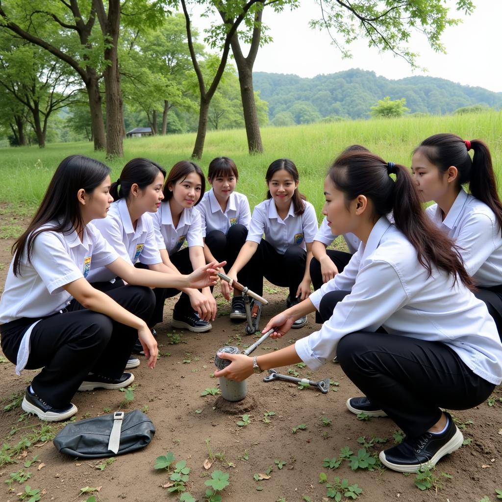 Giáo viên và học sinh trường Đinh Tiên Hoàng cùng nhau tham gia hoạt động ngoại khóa