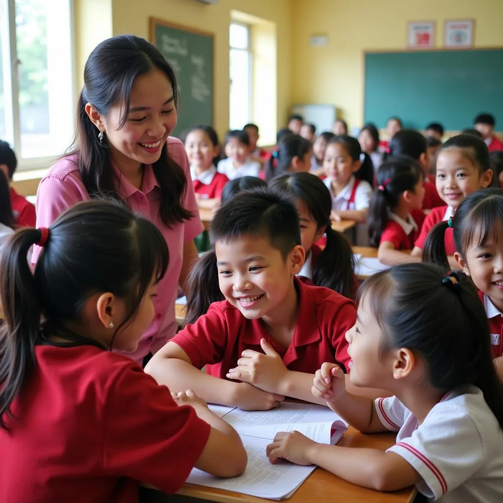 Giáo viên và học sinh trường Nguyễn Thái Sơn trong giờ nghỉ giải lao