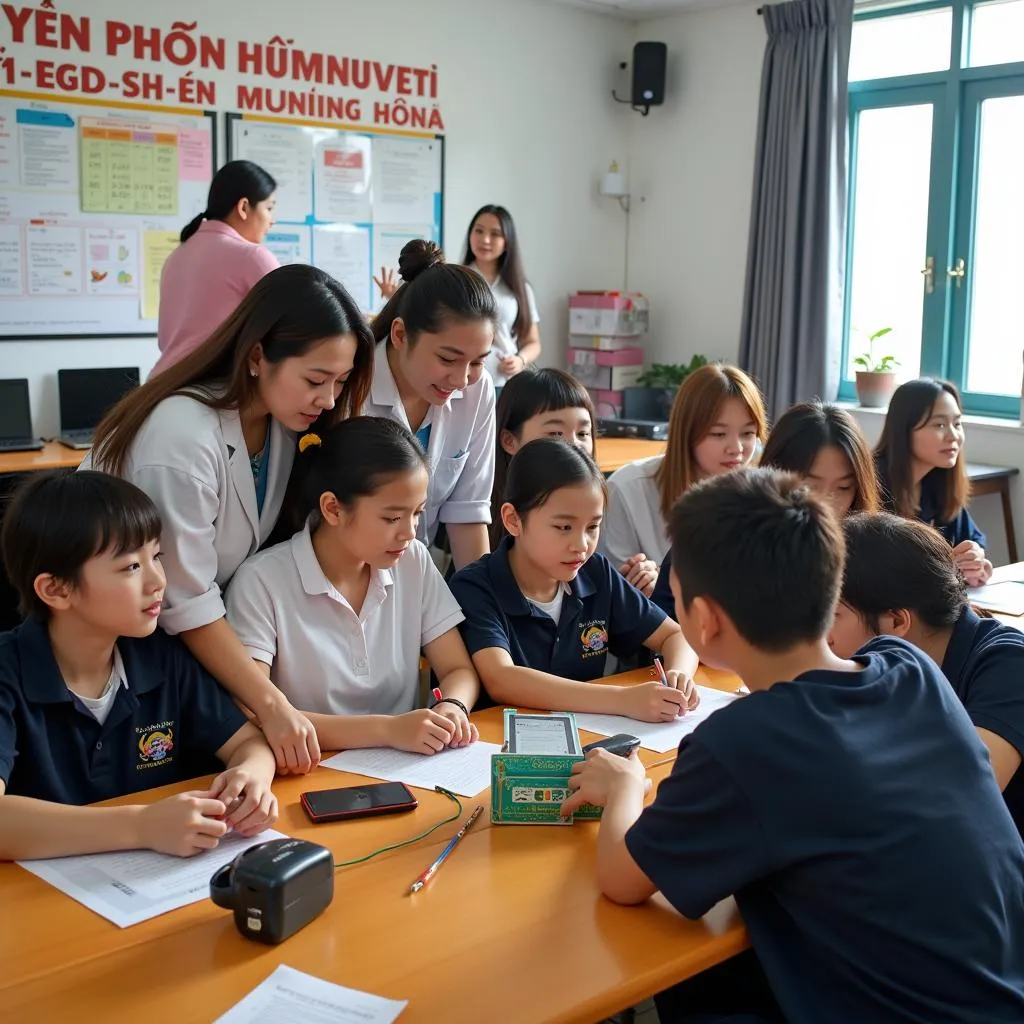 Giáo viên và học sinh trường THPT Yên Phong Số 1 cùng nhau tham gia hoạt động ngoại khóa