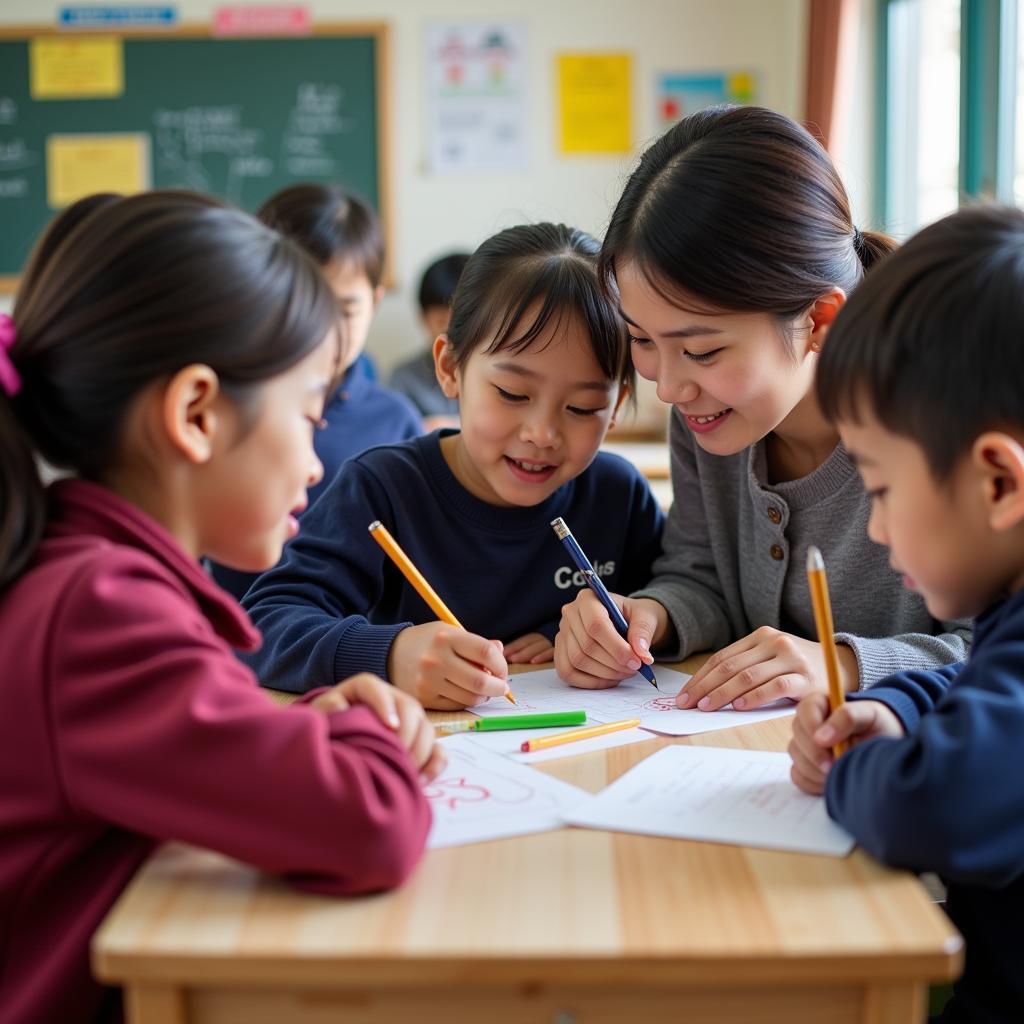 Giáo viên và học sinh trường tiểu học Tô Hoàng trong một hoạt động ngoại khóa