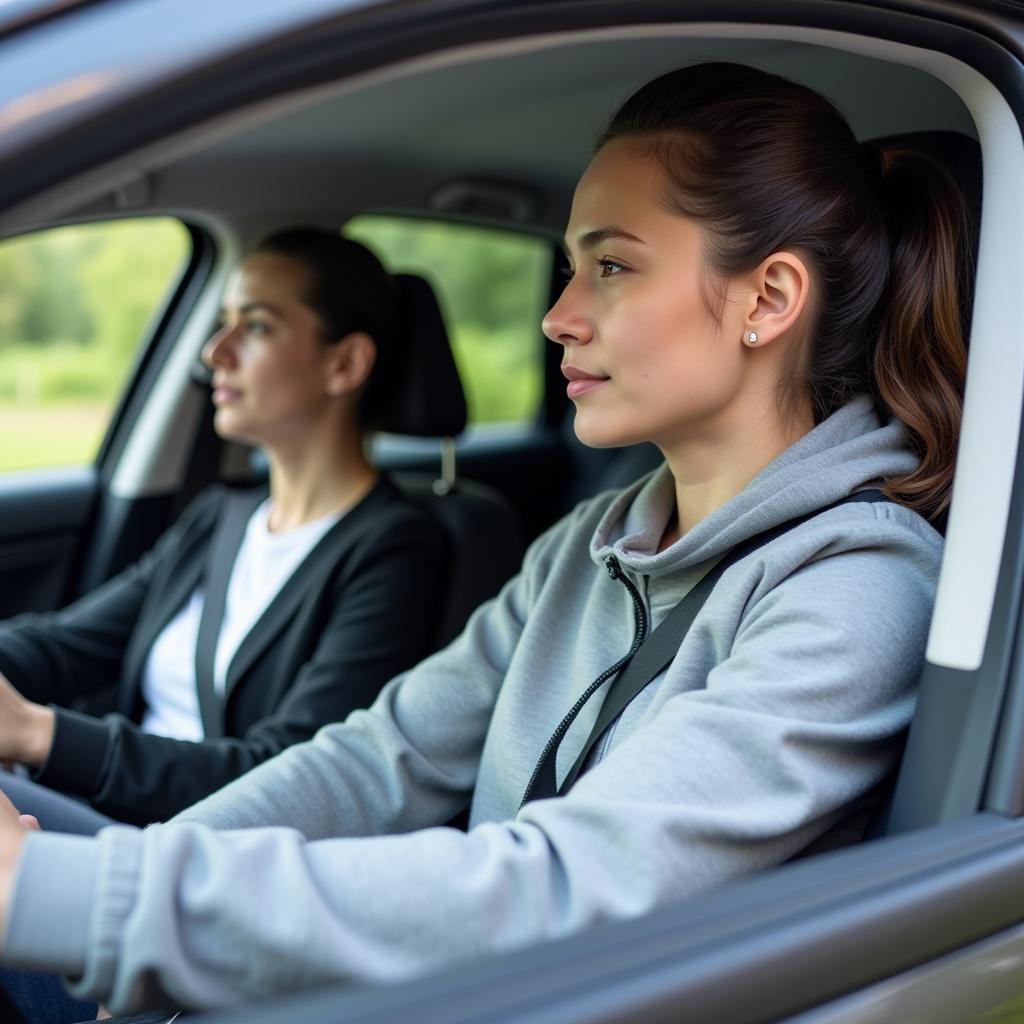 Confident student driving a car with a driving instructor.