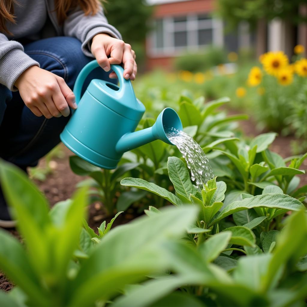 Students taking care of plants in the school garden