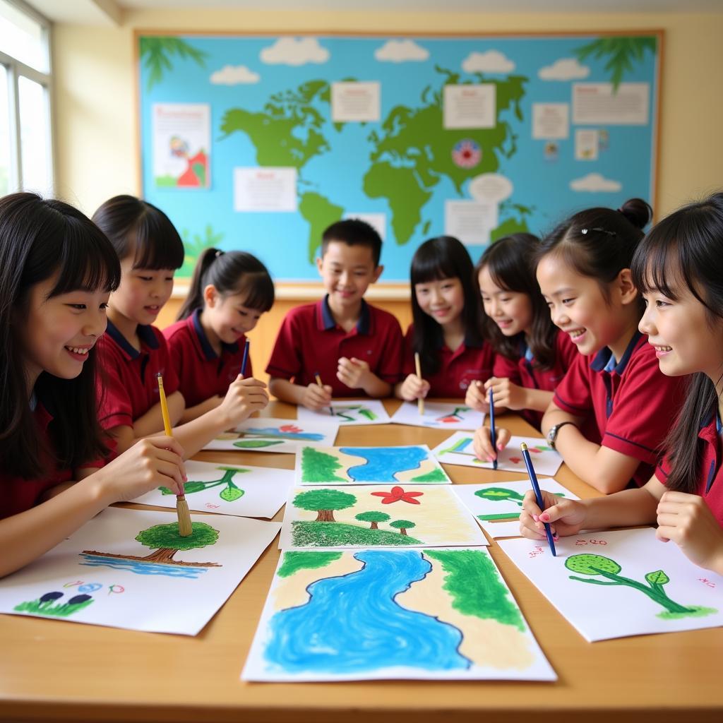 Gia Định students participating in an environmental painting contest