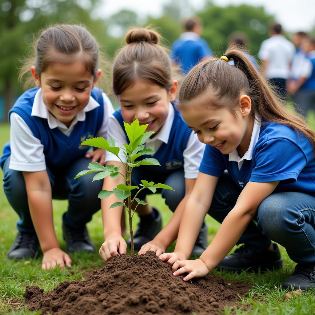 Students participating in a tree planting activity at THPT Gia Định school