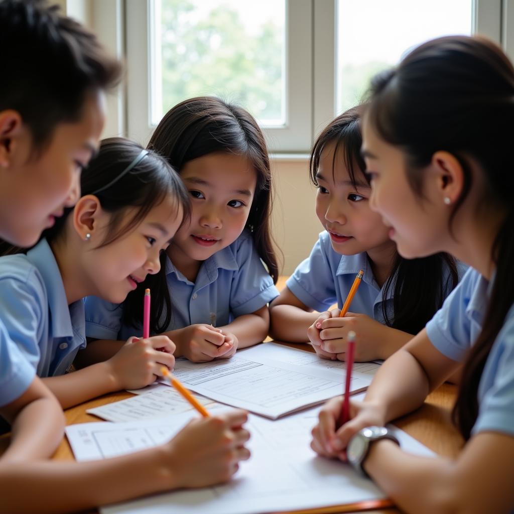 High school students discuss exam score rankings with their teacher