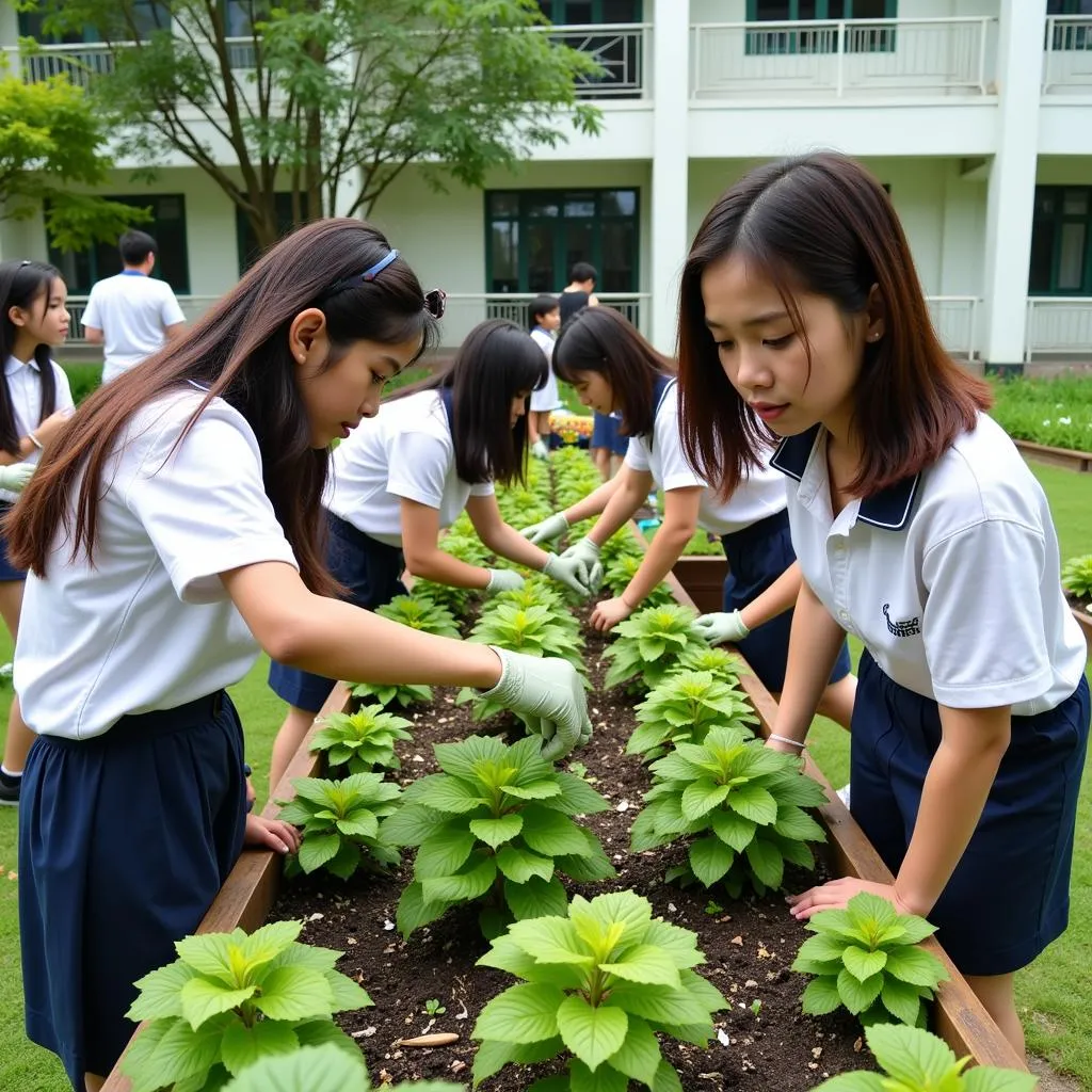 Học sinh THPT Gia Định chăm sóc vườn cây