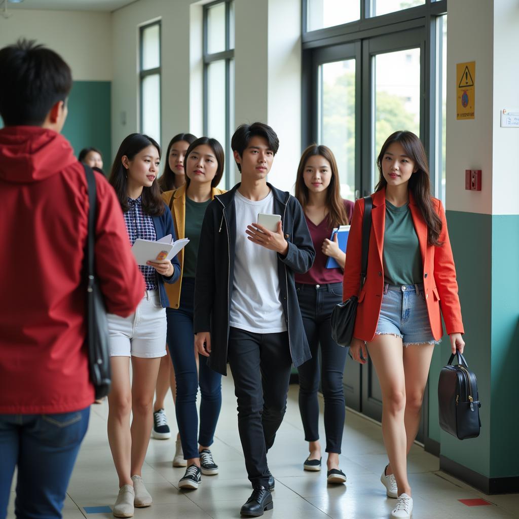 Gia Dinh High School students confidently entering the exam room