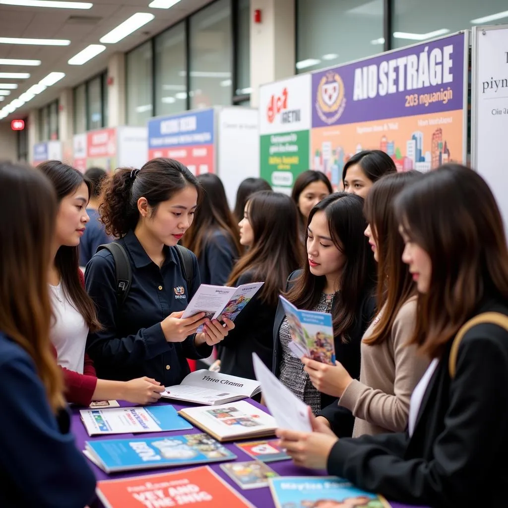 Students attending a university fair at THPT Viet Uc Ha Noi