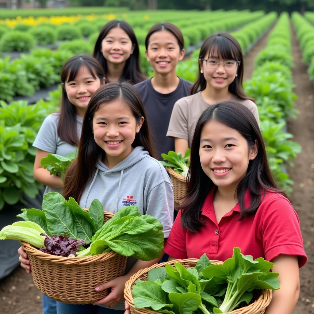 Students harvesting vegetables at Truong Thanh Farm