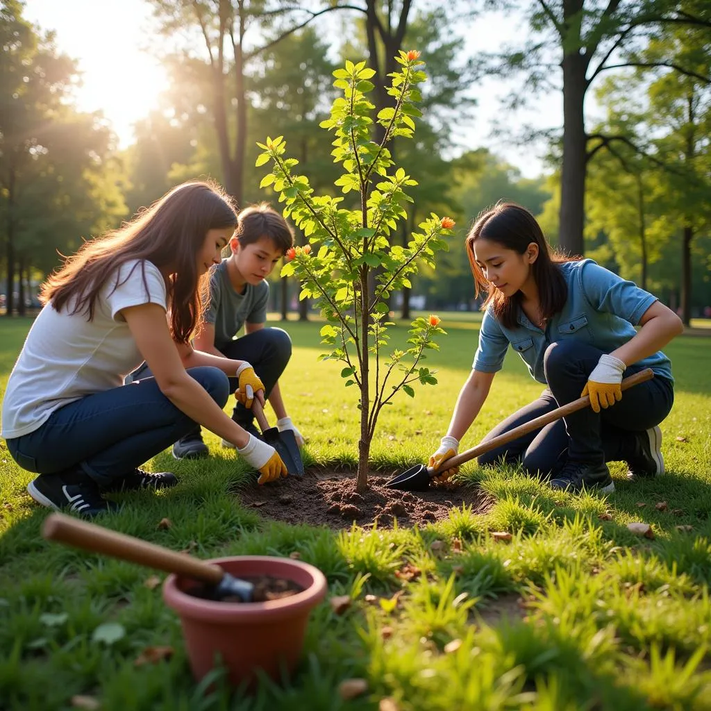 Học sinh trồng cây bảo vệ môi trường không khí