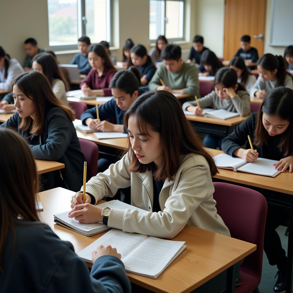 Students studying together in a classroom, preparing for the national high school exams