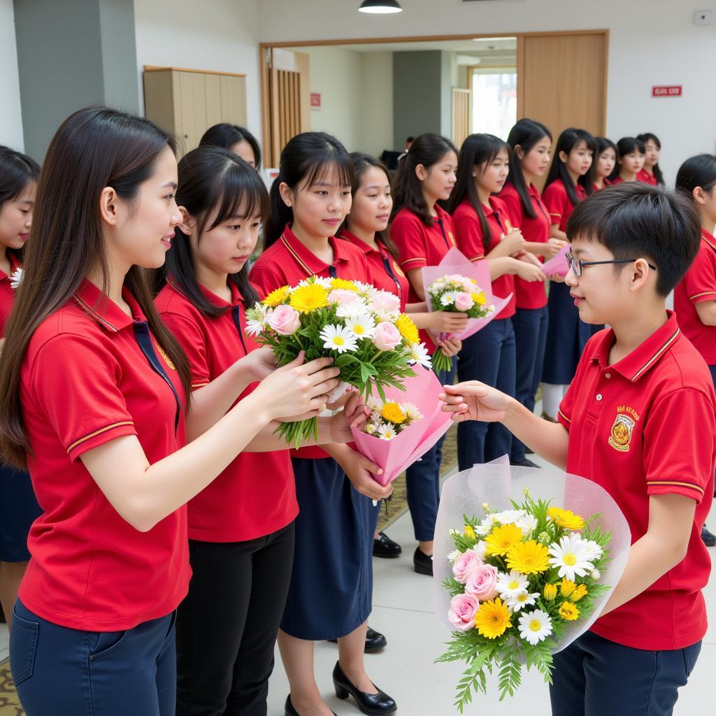 Học sinh THPT Gia Định tặng hoa cho giáo viên trong lễ kỷ niệm