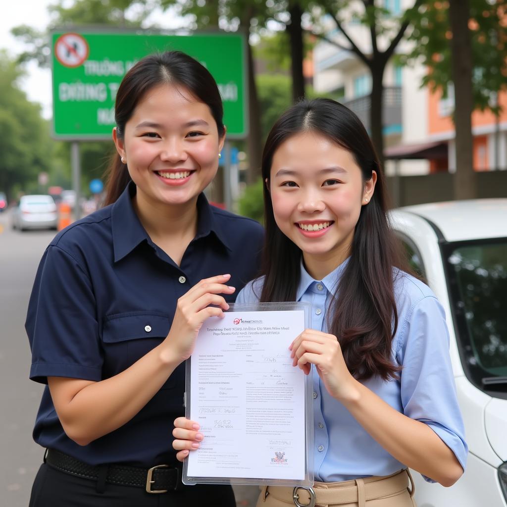 Happy driving school graduate receives her license