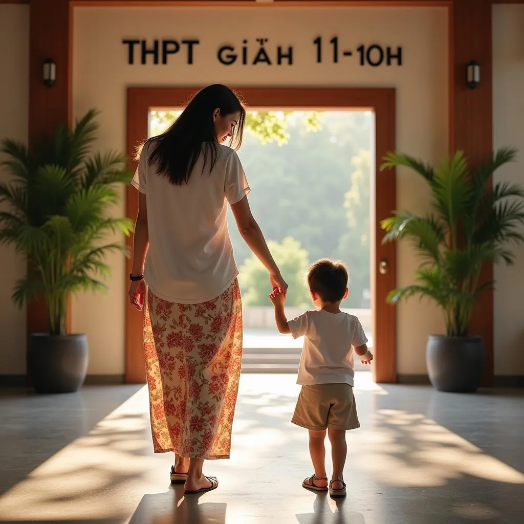 Mẹ dắt tay con vào trường THPT Gia Định