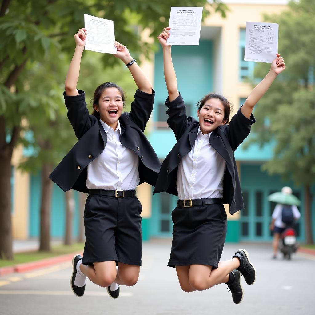 Two students jumping for joy after checking their high school graduation exam results