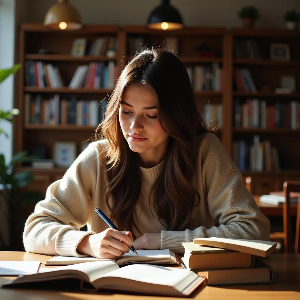 A female student at Gia Dinh High School studying diligently in the school library