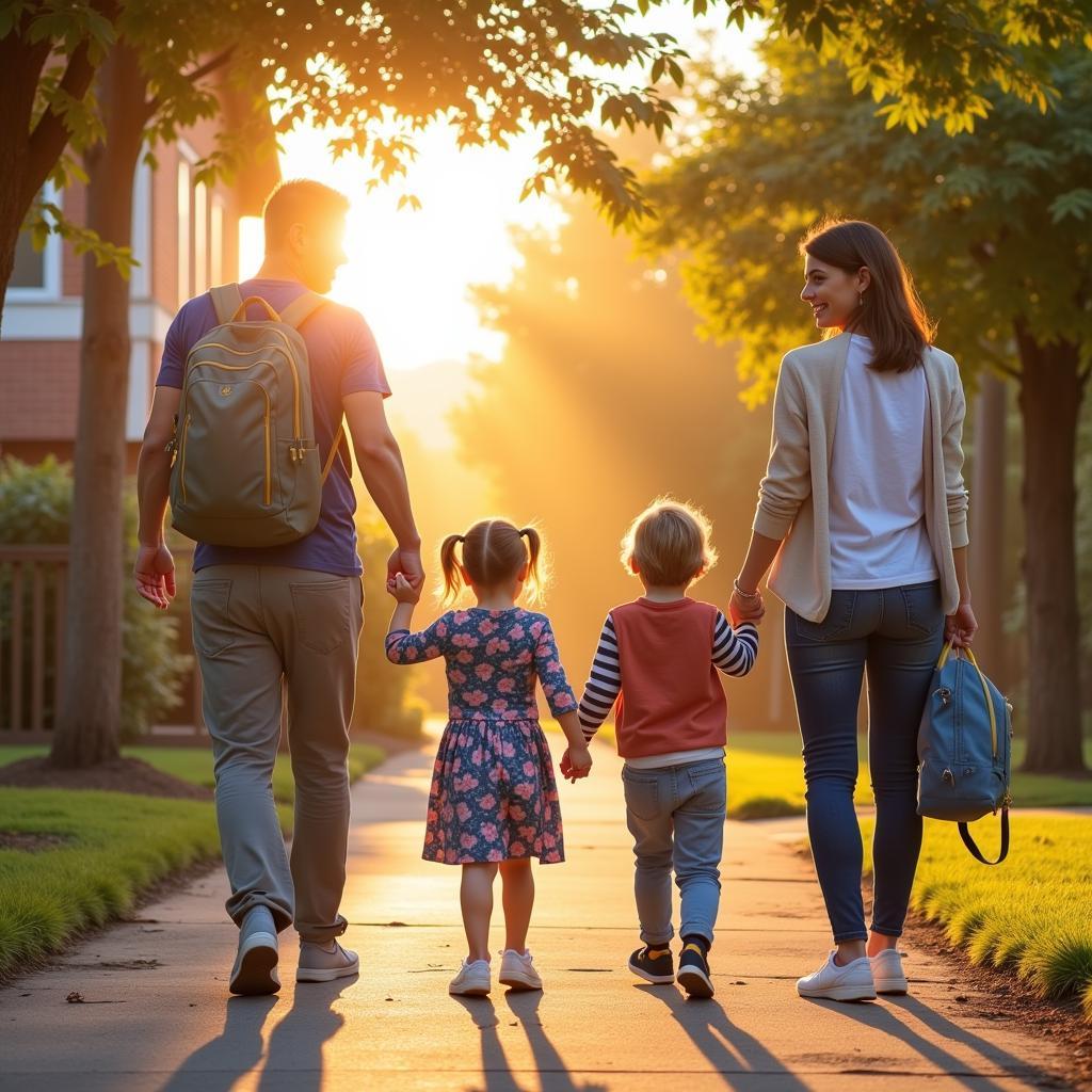 Parents taking their children to school