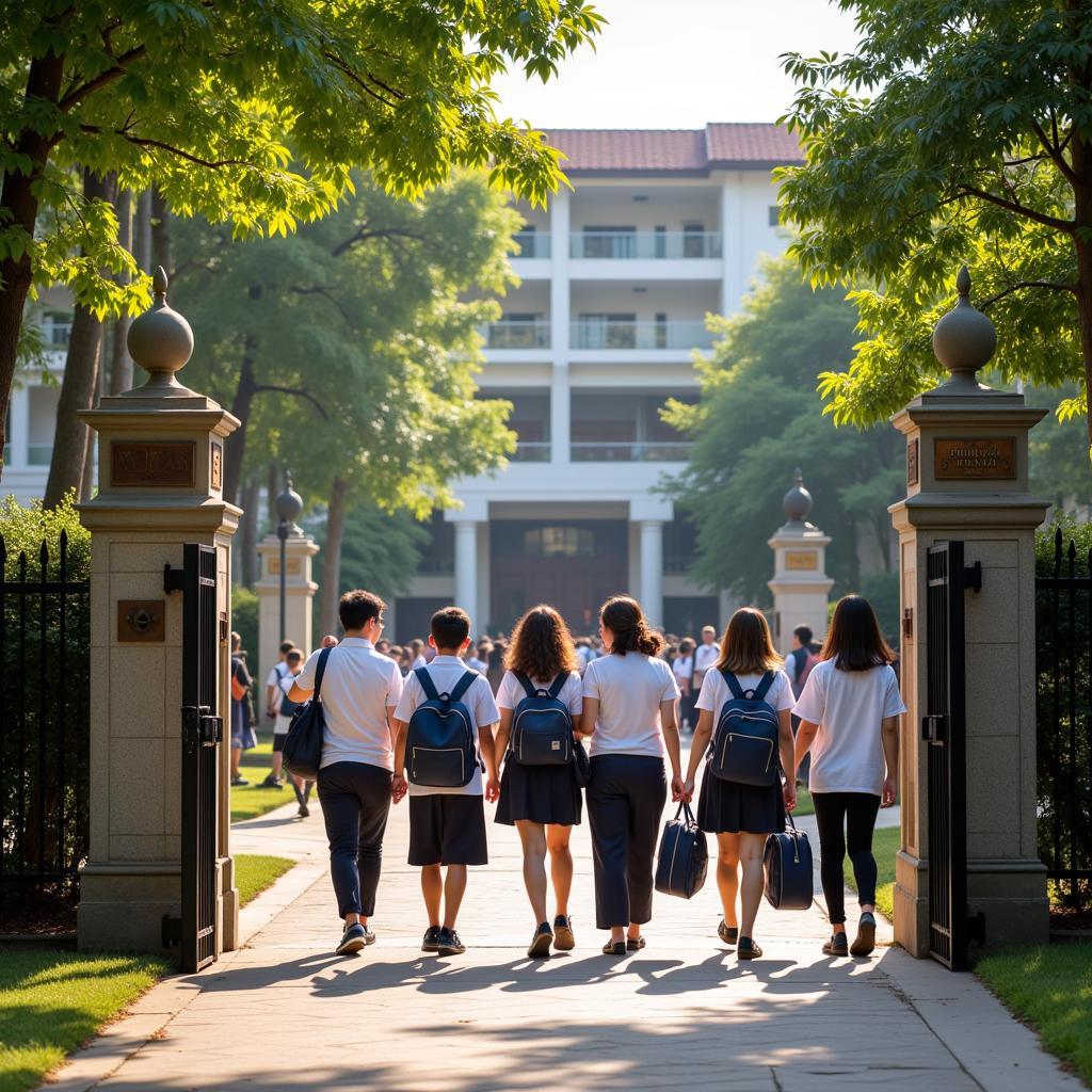 Parents taking their children to school on the opening day at THPT Gia Dinh