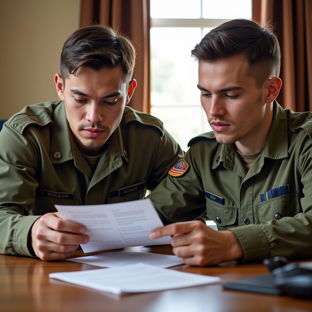 Military personnel guiding citizens with procedures