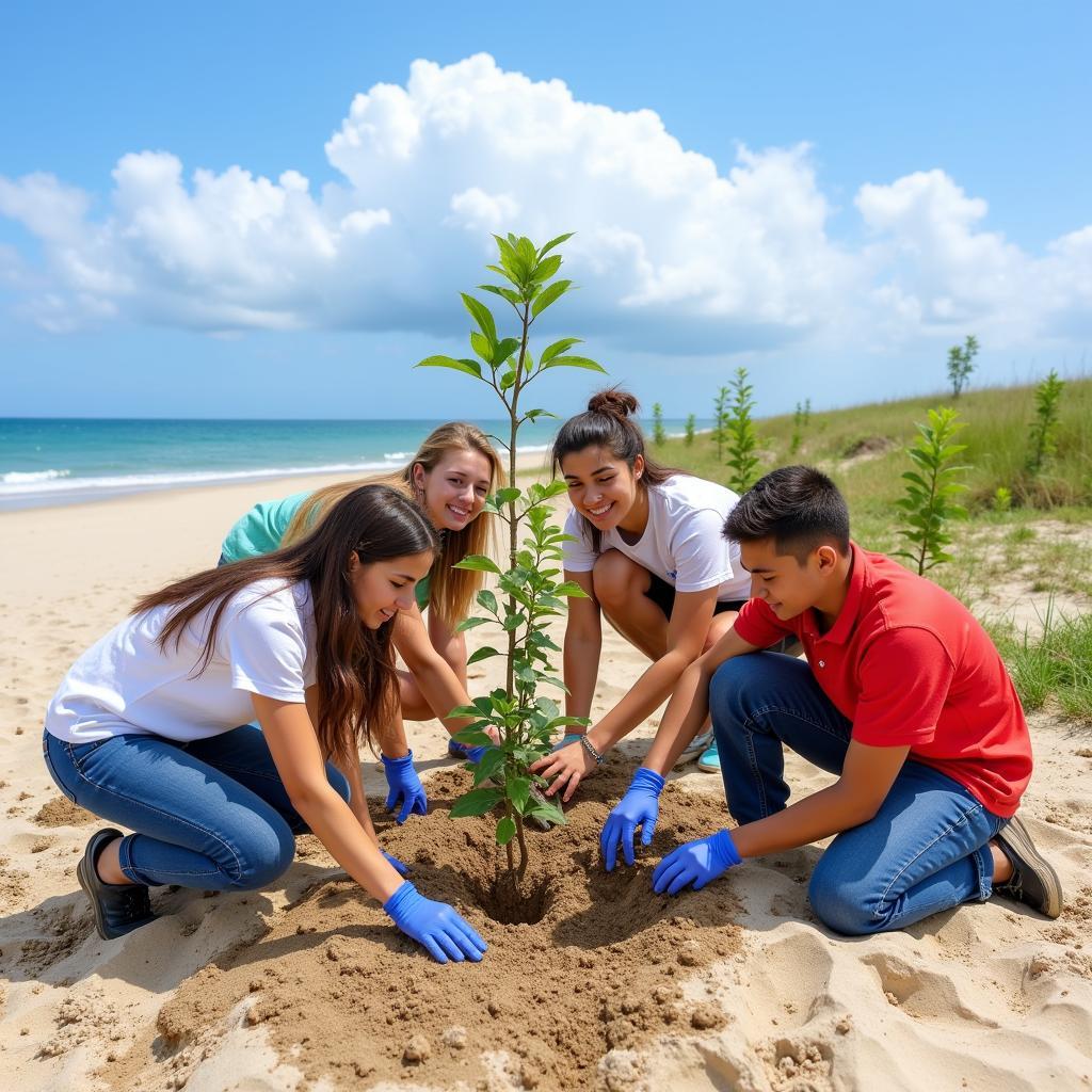 Sinh viên tham gia hoạt động tình nguyện trồng cây tại khu vực ven biển