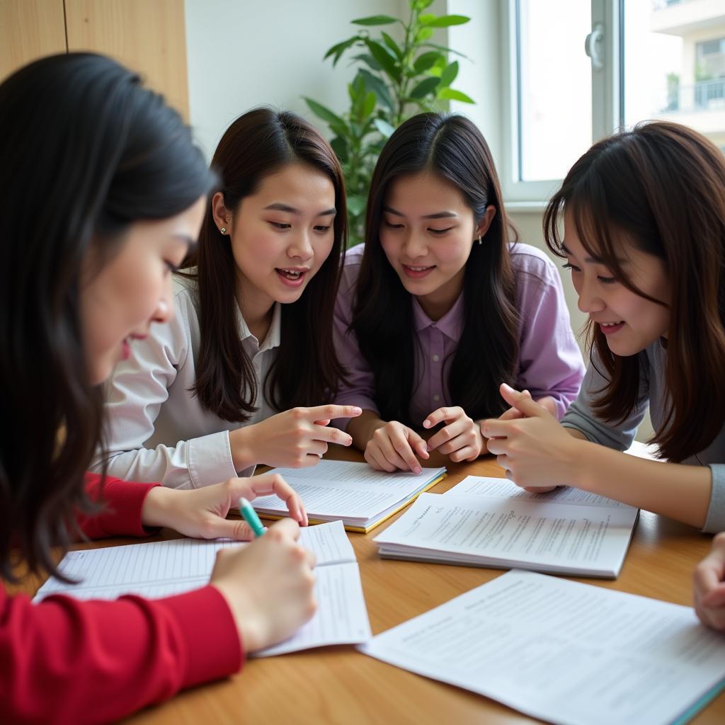 Students exchanging English materials