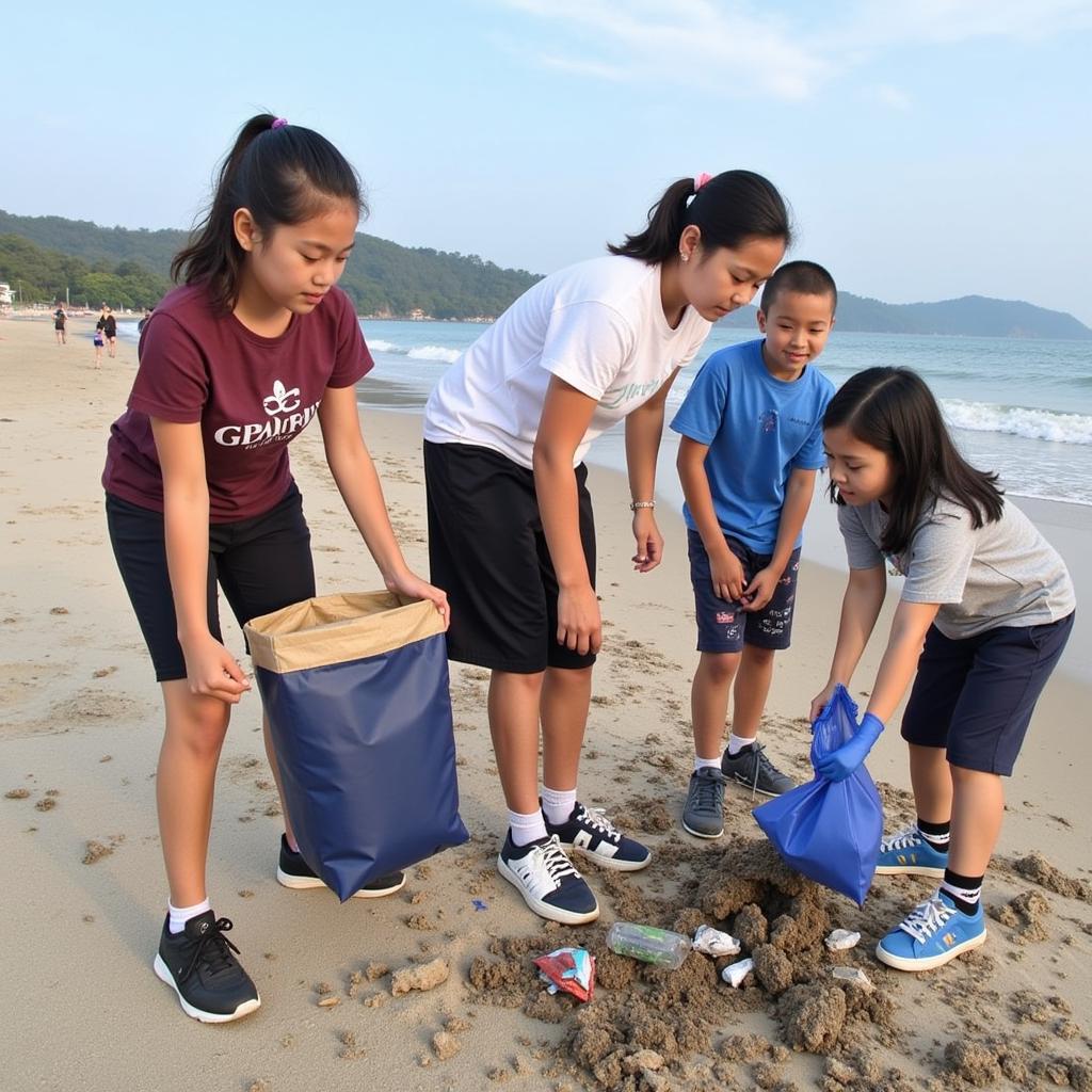 Thu gom rác tại bãi biển của học sinh THPT Gia Định