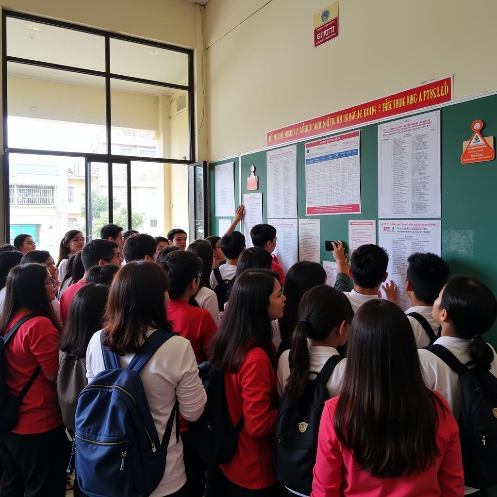 Students anxiously checking their exam results on a school bulletin board