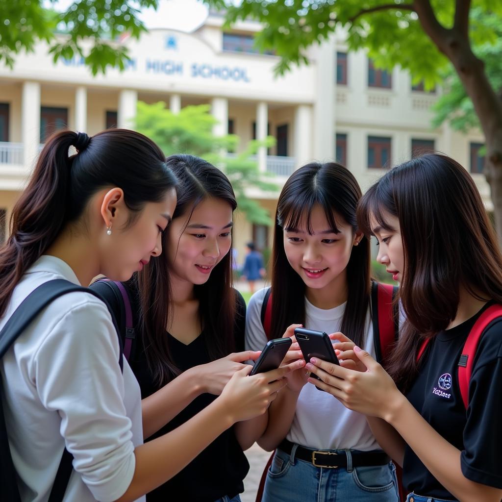 Students checking their high school exam scores at Gia Dinh High School