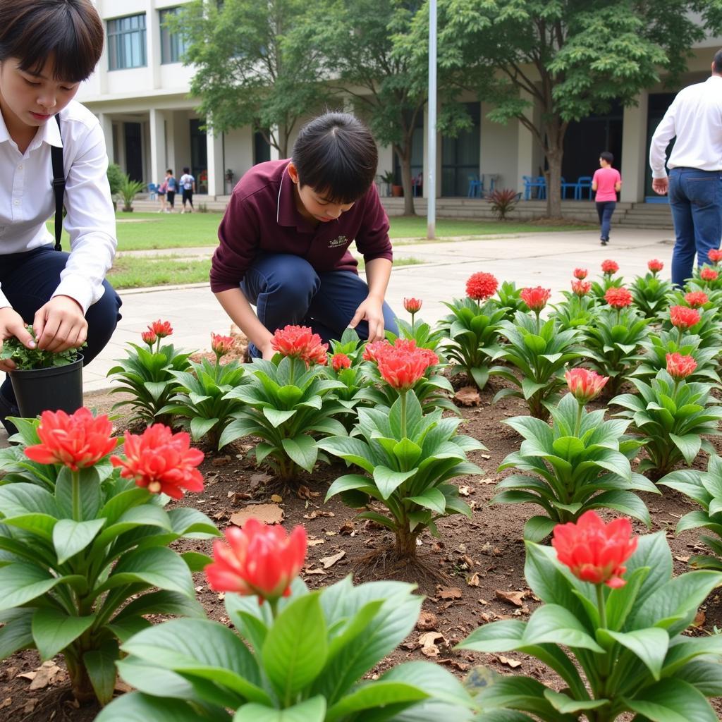 Học sinh THPT Gia Định chăm sóc vườn hoa