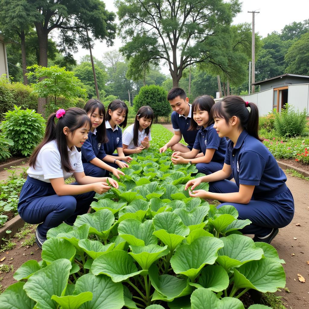 Học sinh THPT Gia Định thu hoạch rau sạch tại vườn rau của trường