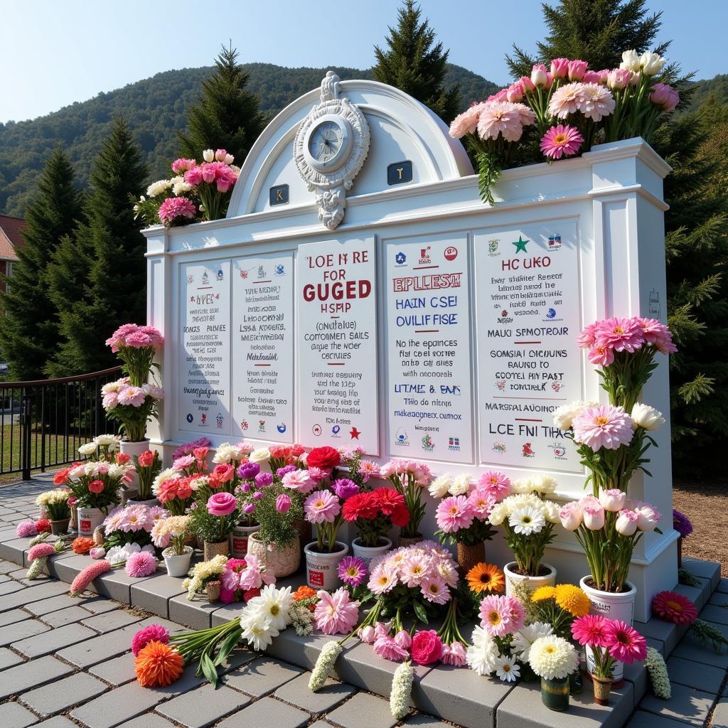 Đài tưởng niệm nạn nhân Sewol: Hình ảnh đài tưởng niệm với những bông hoa và lời nhắn gửi tới các nạn nhân của thảm kịch chìm phà Sewol.