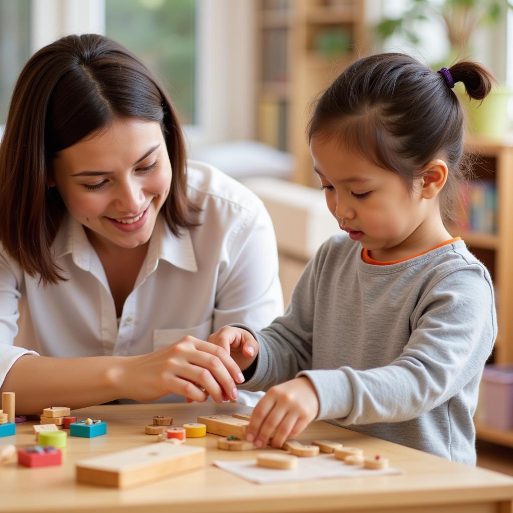 Giáo viên và học sinh tại trường mầm non Montessori