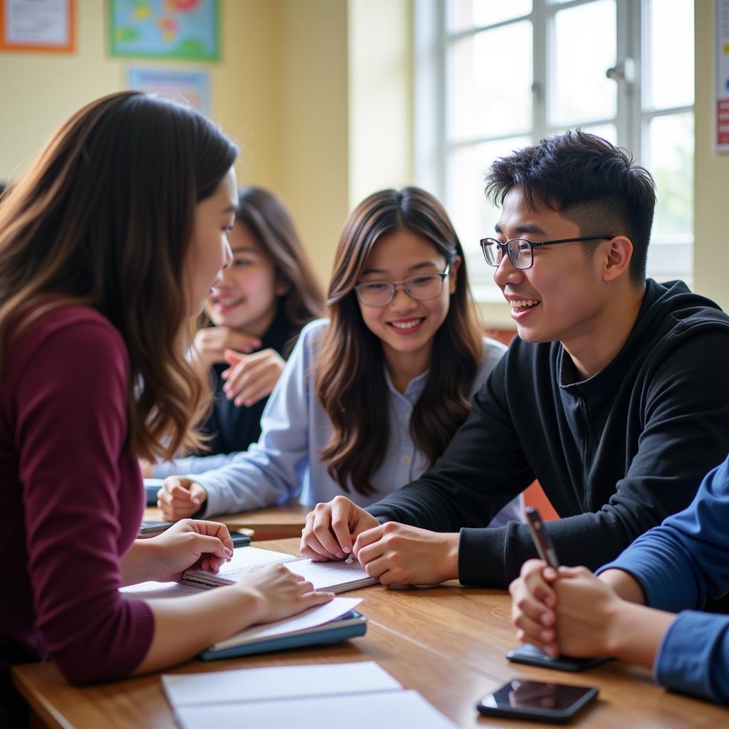 Giáo viên và học sinh THPT An Nghĩa trao đổi