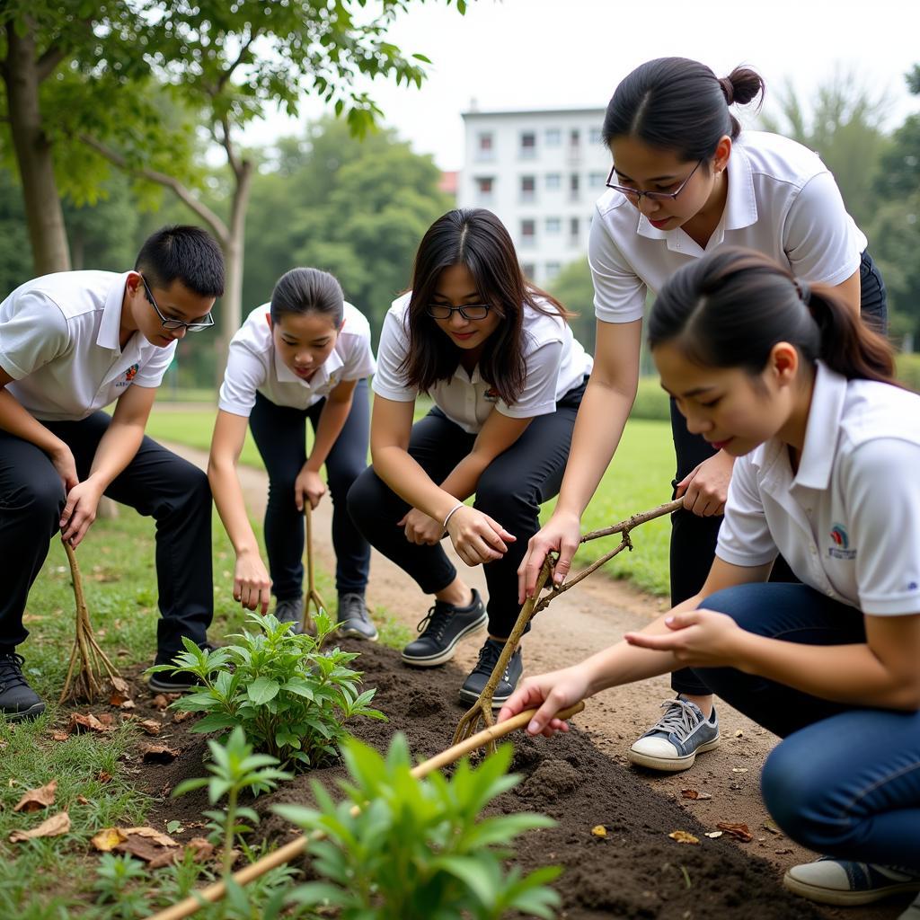 Giáo viên và học sinh trường THCS Trần Thúc Nhẫn tham gia hoạt động cộng đồng